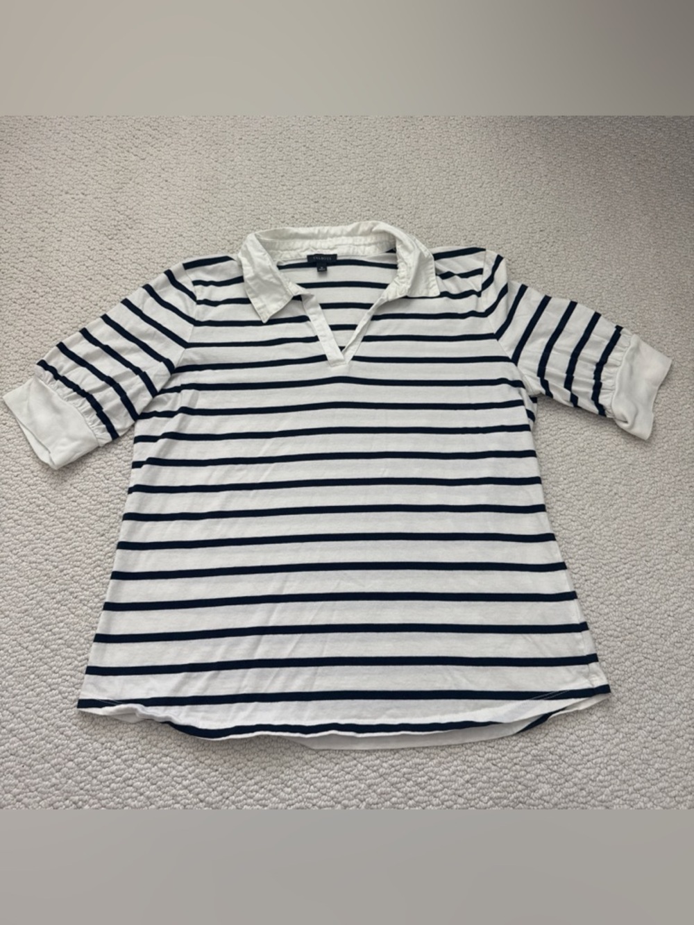 Talbots White & Navy Striped Polo Top with V-Collar 100% Pima Cotton